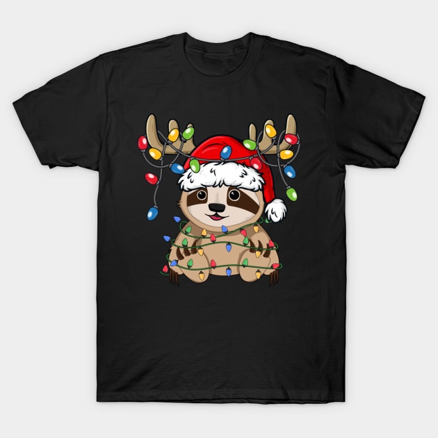 Cute Sloth With Santa Hat Reindeer Antlers Christmas Lights T-Shirt by Kimko